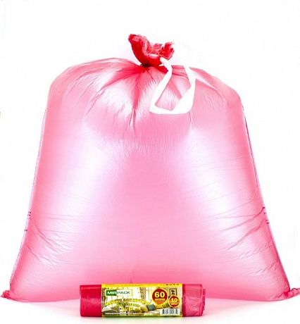 Мешки для мусора с завязками 60 литров, 18 мкм, 10 шт. ПНД, красные, VIP - Вид 2